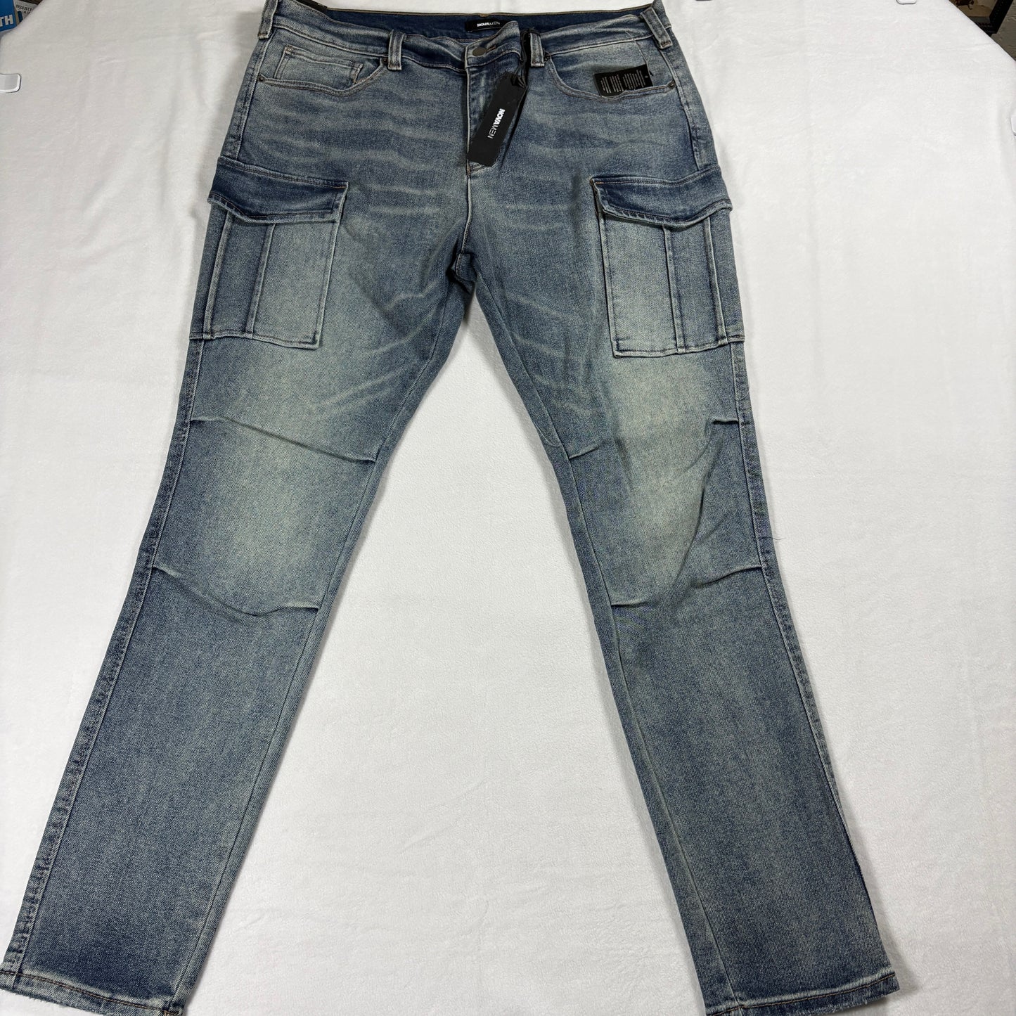 Mens Cargo Jeans Size 38 Slim Fit Medium Wash Utility Pocket NWT Denim Y2K Style
