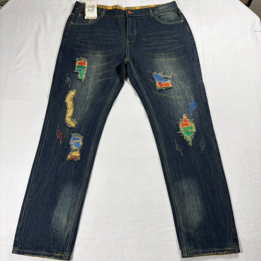 Mens Distressed Jeans Size 38 Dark Wash Straight Leg Color Patch Streetwear Y2K!