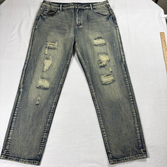 Mens Distressed Jeans Size 38 Vintage Wash Straight Leg Ripped Denim Y2K Style