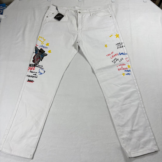 Mens White Graphic Jeans Size 38 Slim Fit Painted Art Streetwear Y2K Denim NWT