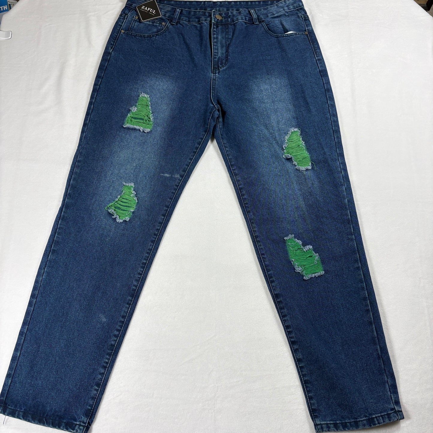Mens Blue Distressed Jeans Size 38 Slim Fit Streetwear Y2K Green Patch NWT Denim
