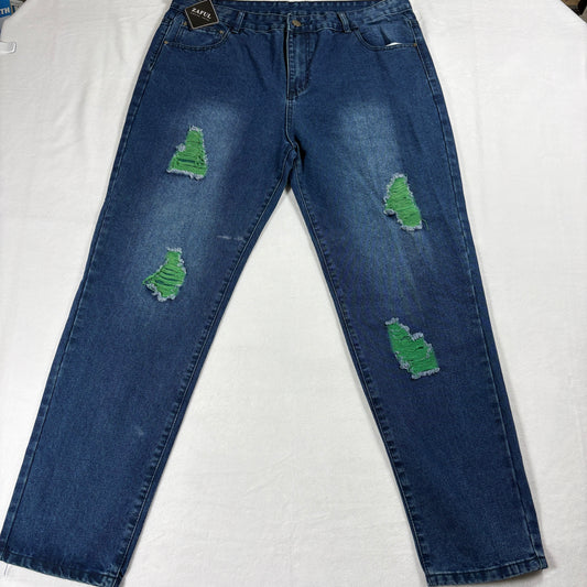 Mens Blue Distressed Jeans Size 38 Slim Fit Streetwear Y2K Green Patch NWT Denim