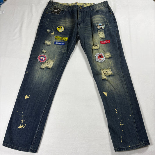 Mens Dark Wash Distressed Jeans Size 38 Patchwork Denim Slim Fit Streetwear NWT