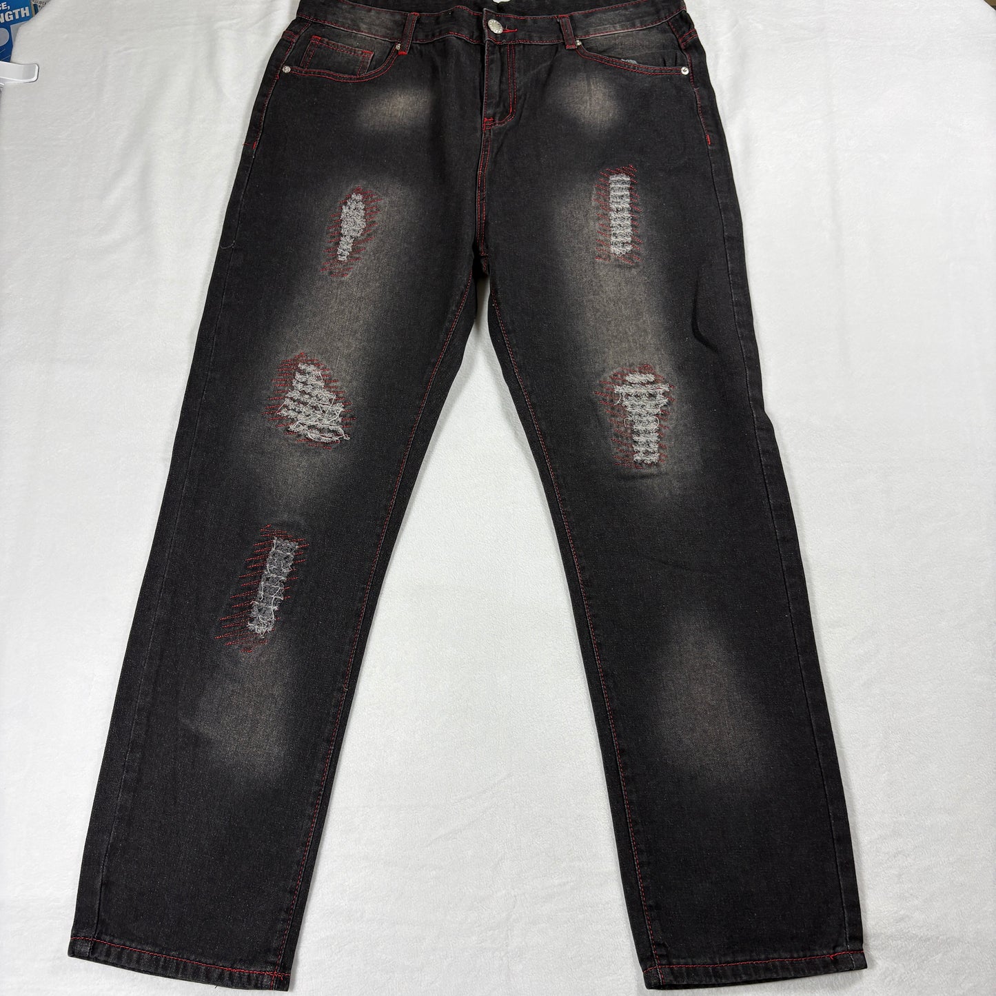 Mens Black Distressed Jeans Size 38 Slim Fit Red Stitch Grunge Streetwear NWT Y
