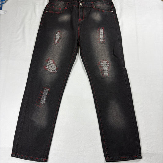 Mens Black Distressed Jeans Size 38 Slim Fit Red Stitch Grunge Streetwear NWT Y