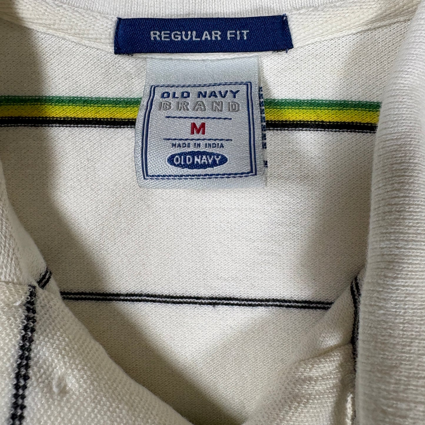 Old Navy Polo Shirt Men’s Medium White Striped Short Sleeve Pocket Regular Fit