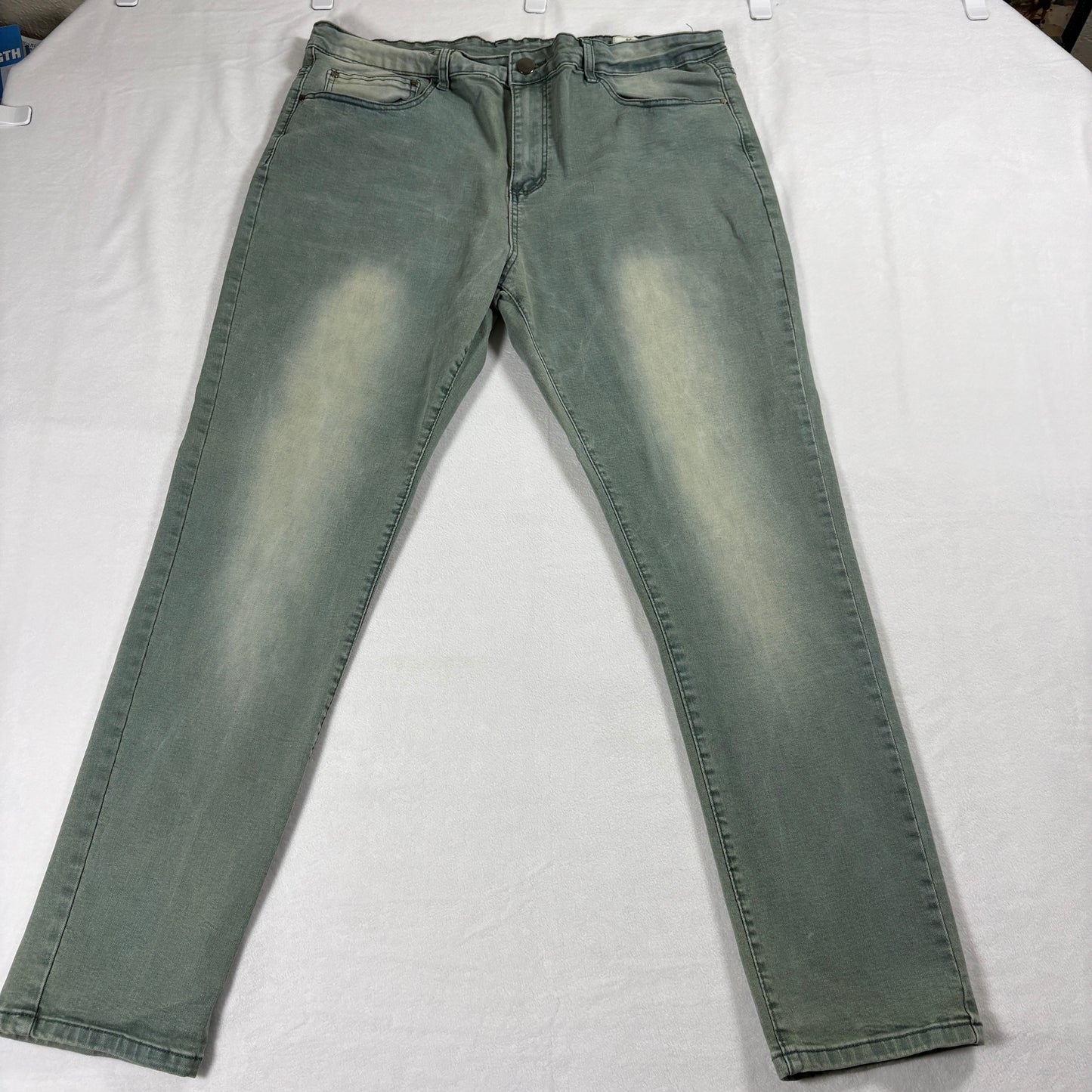 Mens Green Slim Fit Jeans Size 38 Stretch Denim Faded Wash Casual Streetwear