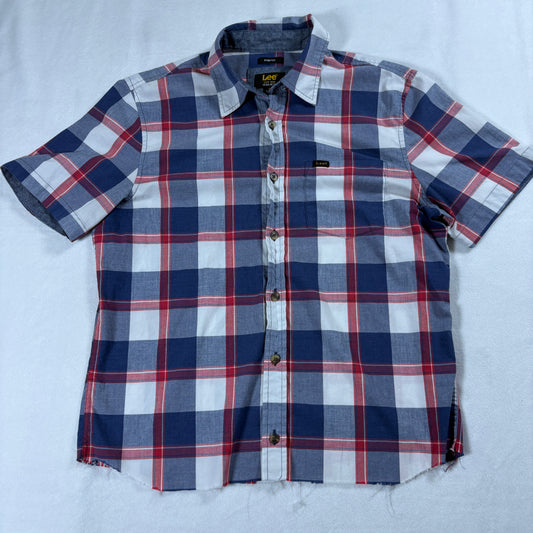 Lee Plaid Button Shirt Mens Small Vintage Grunge Raw Hem Stretch Casual Wear Top