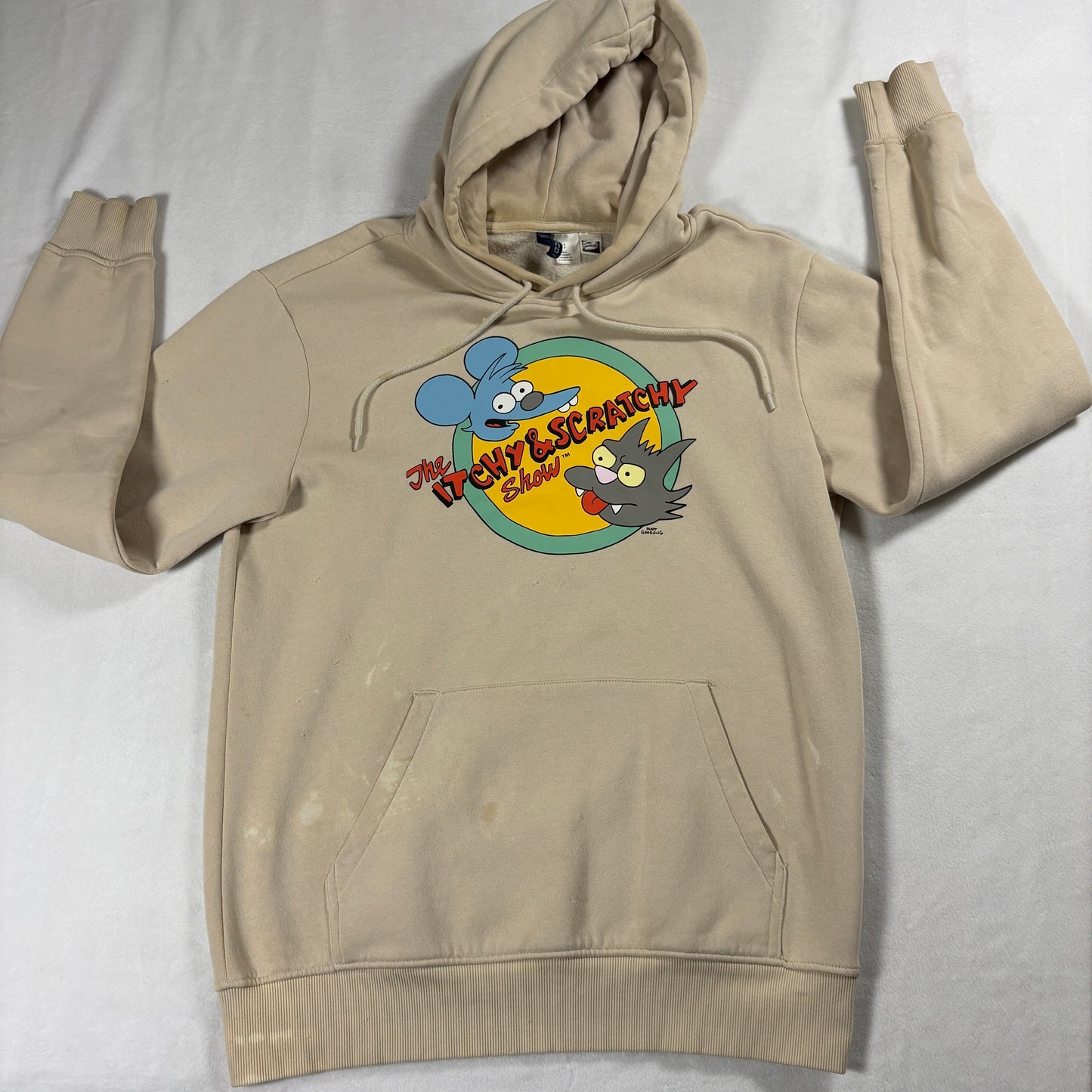 Simpsons Hoodie Mens Small Vintage 90s Cartoon Graphic Beige Pullover Streetwear!