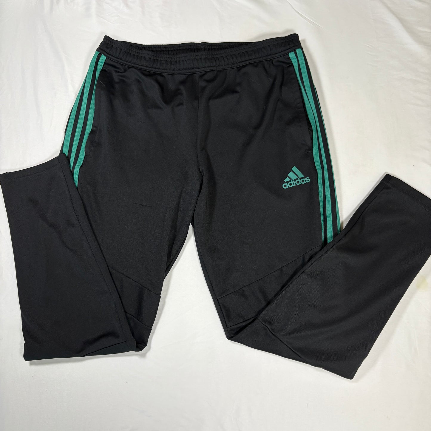 Adidas Men’s L Track Pants Black Green 3-Stripes Joggers Tapered Training