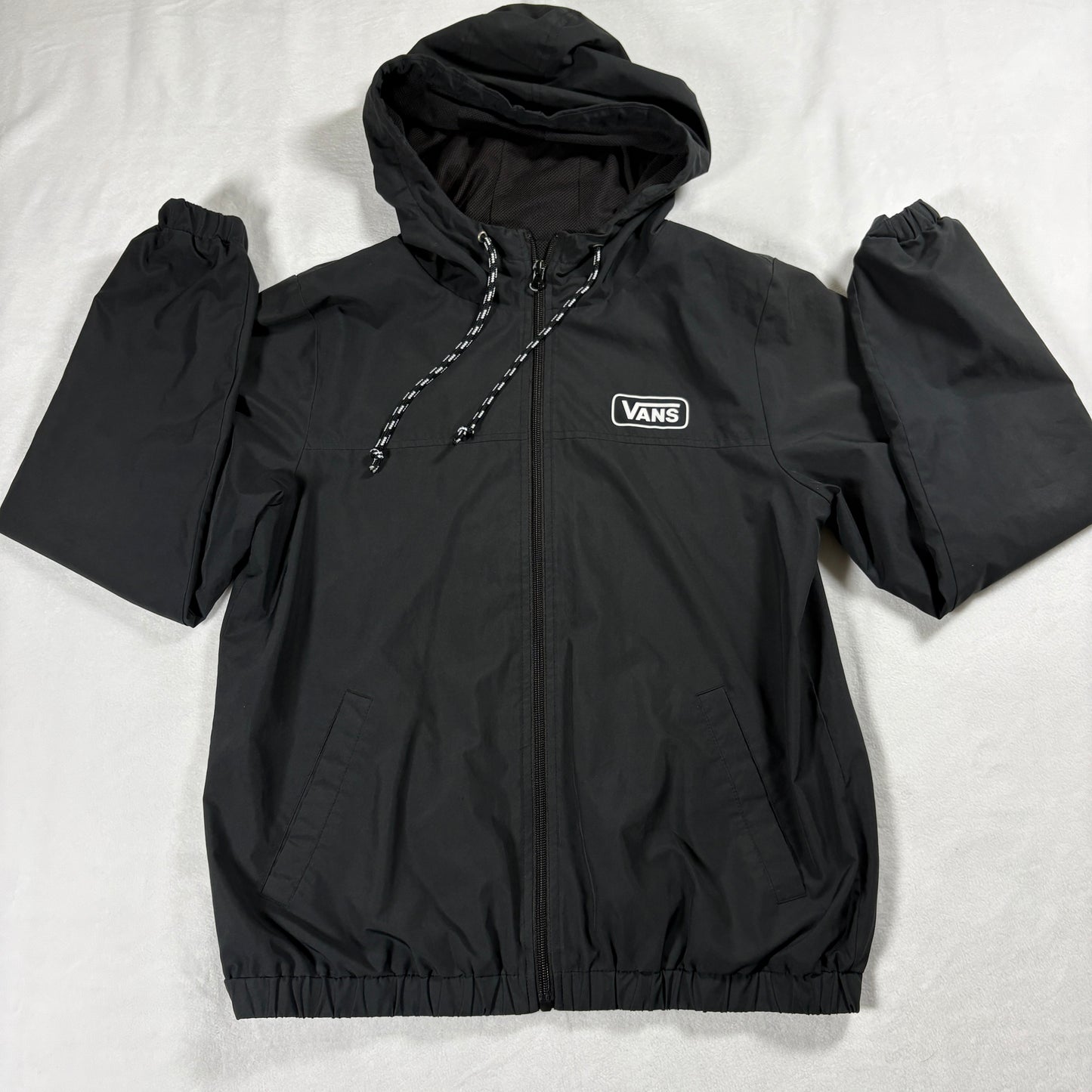 Vans Hooded Jacket Mens Medium Black Skate Streetwear Zip Windbreaker Shell Fit!