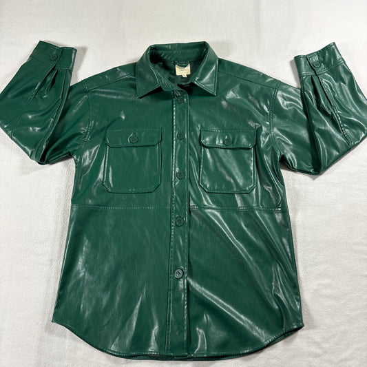 NIA Faux Leather Shirt Jacket Womens XS Green Button Front Shacket