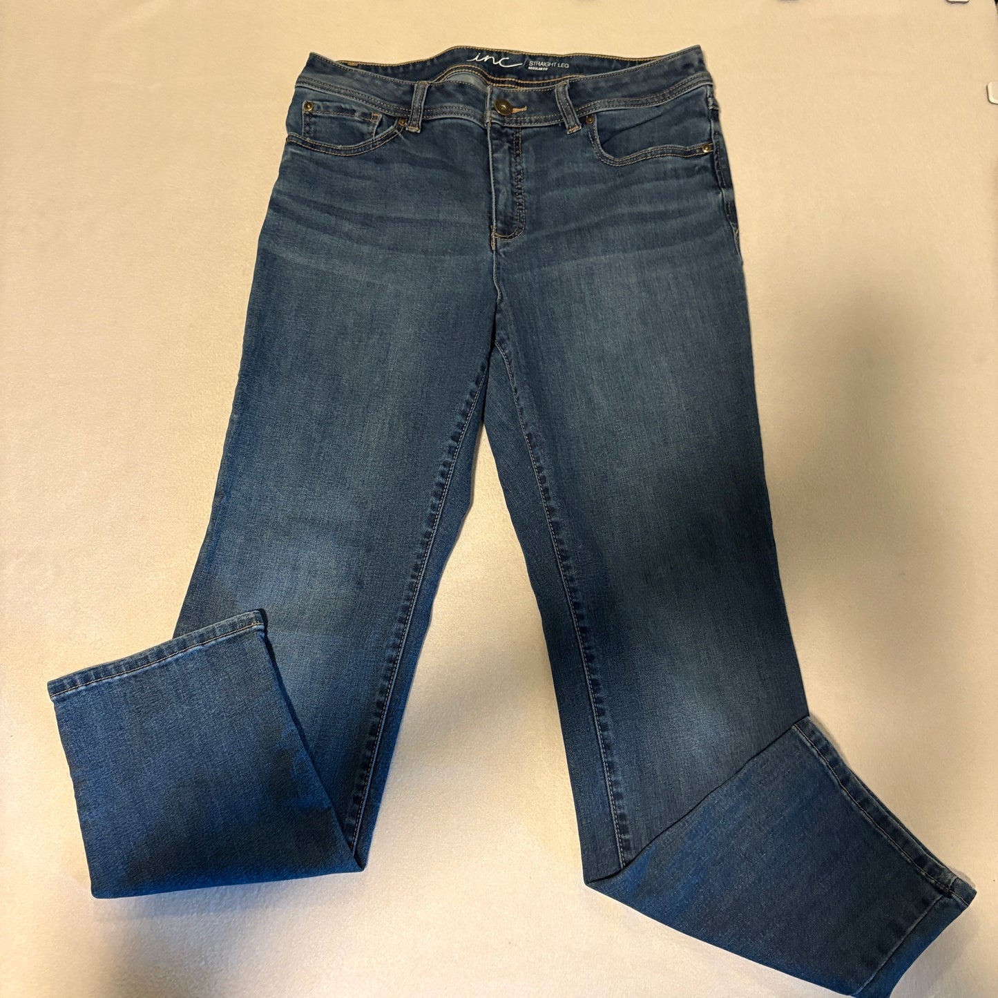 INC Straight Leg Jeans Womens 12S Fits Like 32x29 Blue Stretch Denim Mid Rise