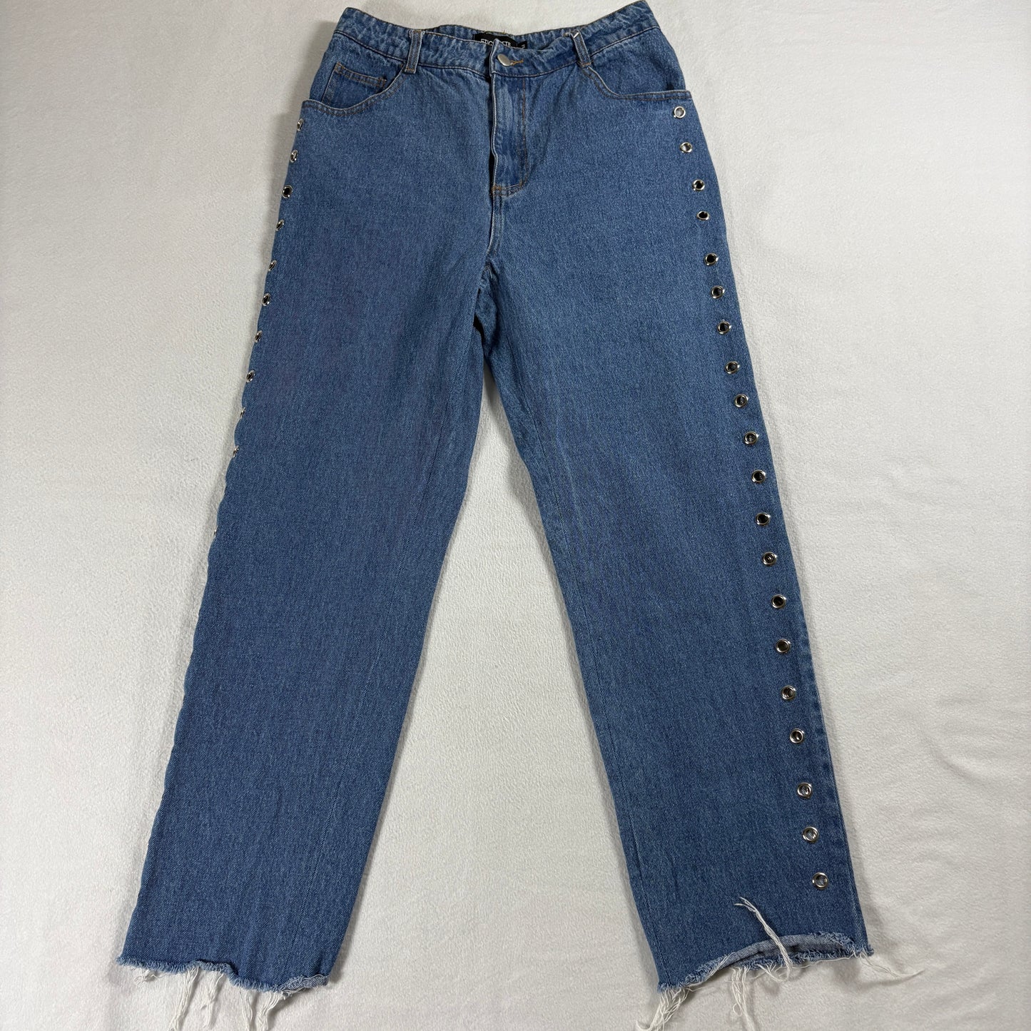Etiquette Womens Medium Blue Denim Jeans Side Grommets Raw Hem Straight Leg