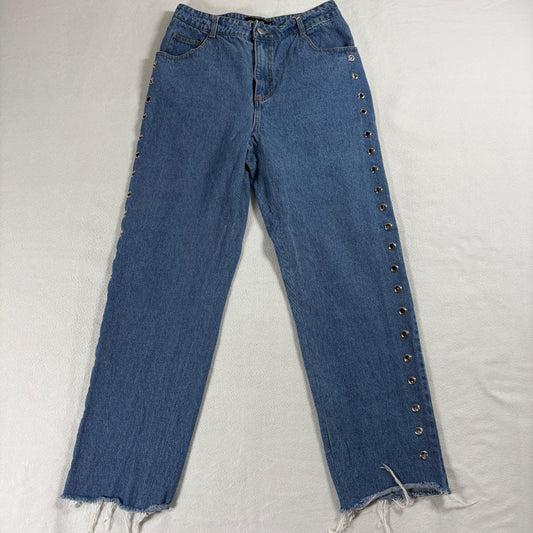 Etiquette Womens Medium Blue Denim Jeans Side Grommets Raw Hem Straight Leg