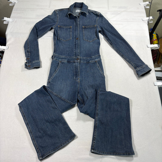 Rivet Utility Denim Jumpsuit Womens XS Blue Long Sleeve Zip Front Flare Leg