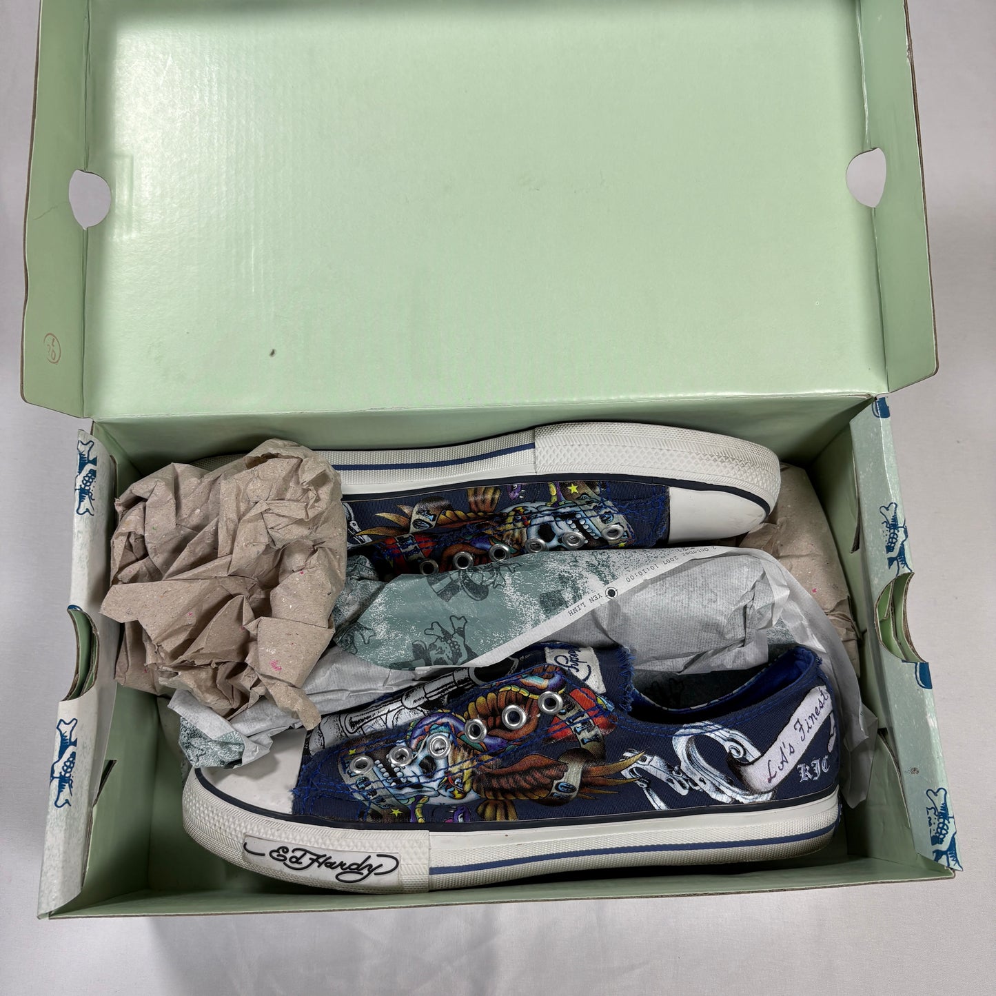 Ed Hardy Men’s Lowrise Classic Shoes Navy Size 8 Skulls Tattoo Art Slip On