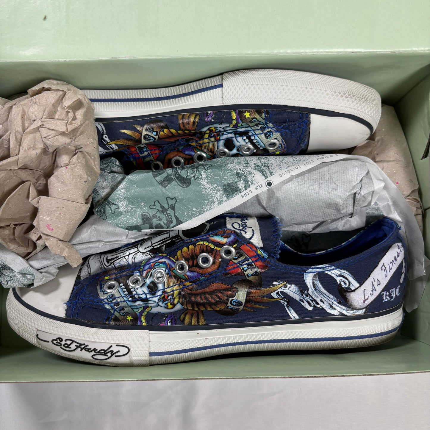 Ed Hardy Men’s Lowrise Classic Shoes Navy Size 8 Skulls Tattoo Art Slip On