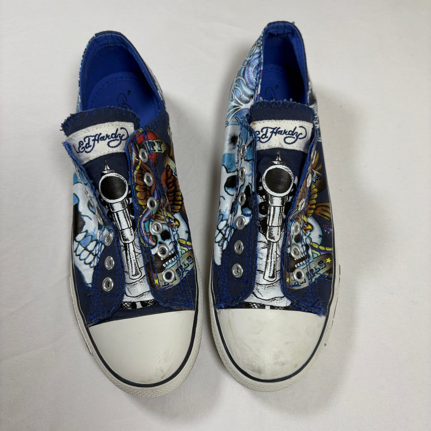 Ed Hardy Men’s Lowrise Classic Shoes Navy Size 8 Skulls Tattoo Art Slip On