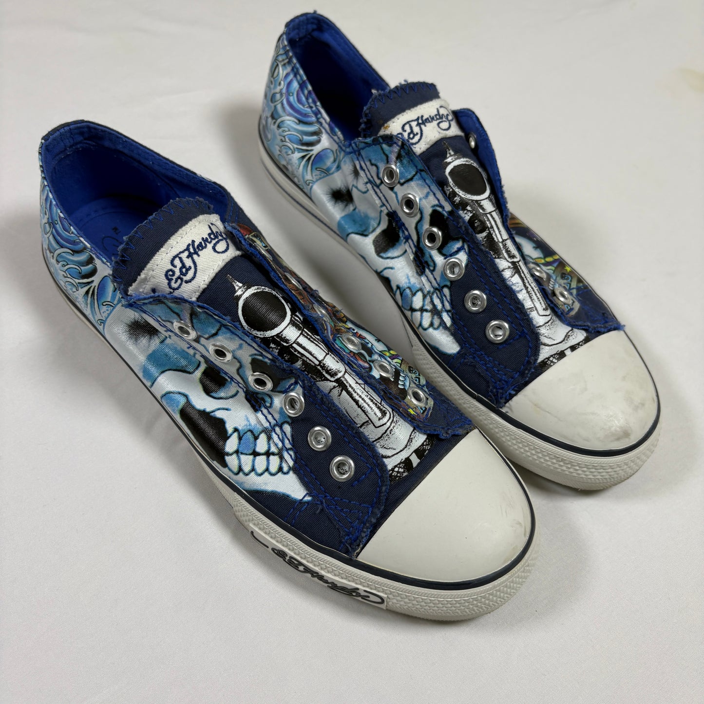 Ed Hardy Men’s Lowrise Classic Shoes Navy Size 8 Skulls Tattoo Art Slip On