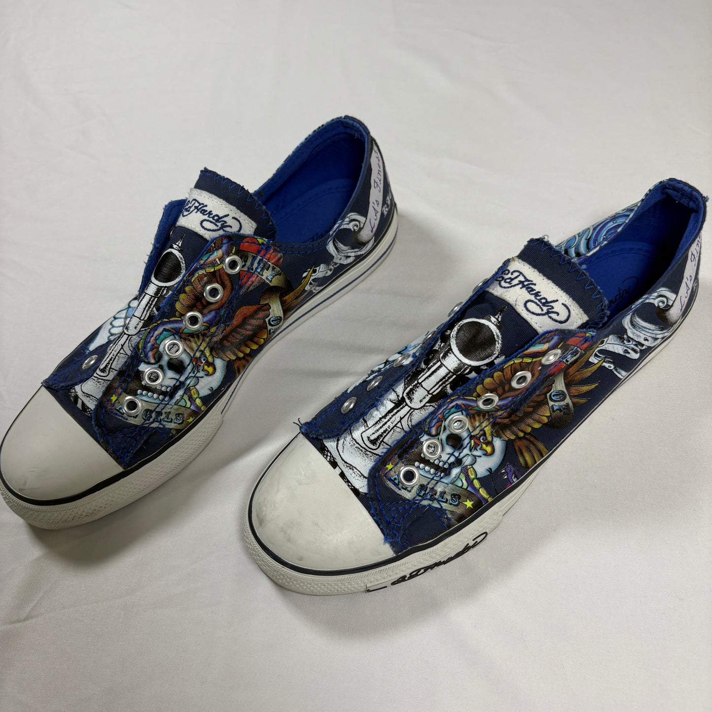 Ed Hardy Men’s Lowrise Classic Shoes Navy Size 8 Skulls Tattoo Art Slip On