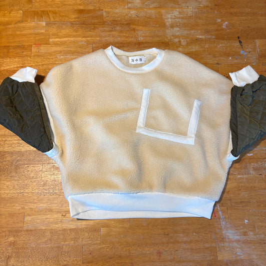 Womens Fleece Sweatshirt Size M Cream Quilted Sleeve Oversized Retro Top Y2K Box