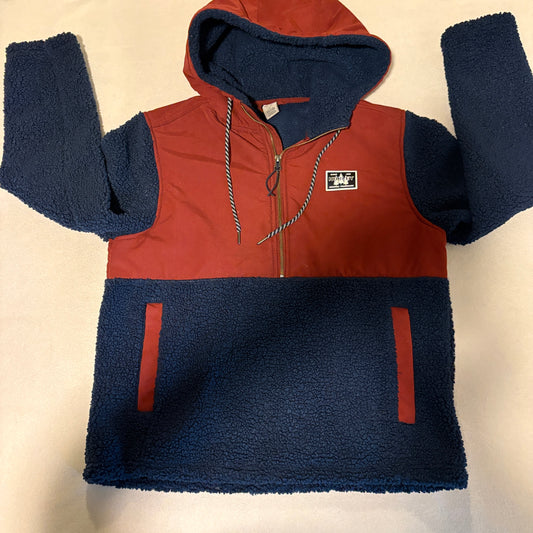 Hurley Sherpa Fleece Hoodie Pullover Mens Small Red Blue 1/4 Zip Skate Surf