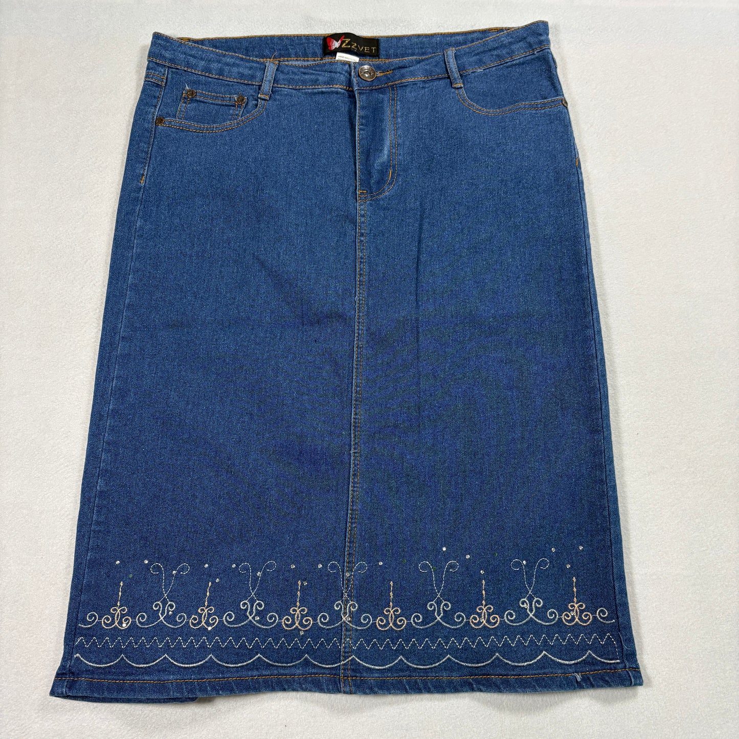 ZZvet Denim Skirt Womens 15/16 Blue Embroidered Midi Modest Stretch Jean