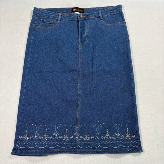ZZvet Denim Skirt Womens 15/16 Blue Embroidered Midi Modest Stretch Jean