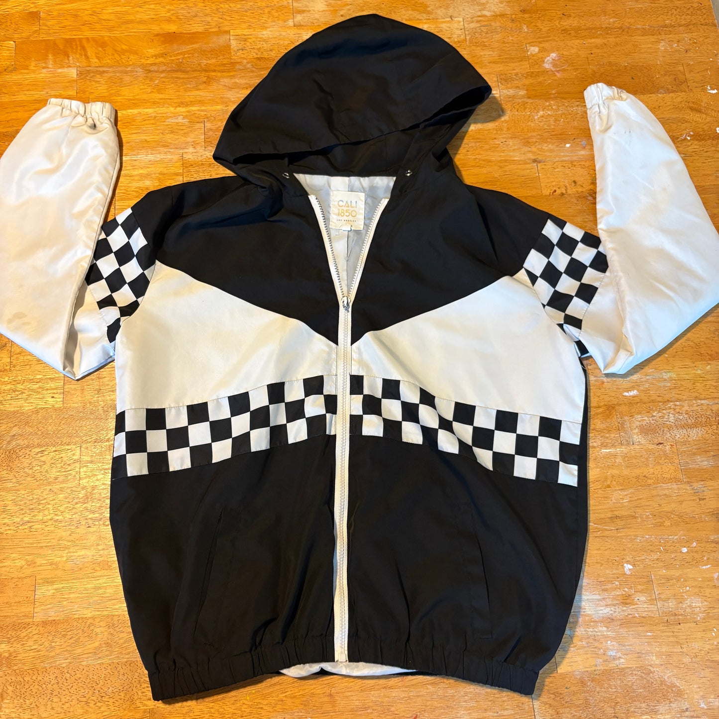 Cali 1850 Jacket Womens Medium Black White Checkerboard Hooded Wind Y2K Retros