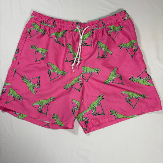 No Boundaries Men’s Swim Trunks L Pink Dinosaur Scooter Print Board Shorts Fun