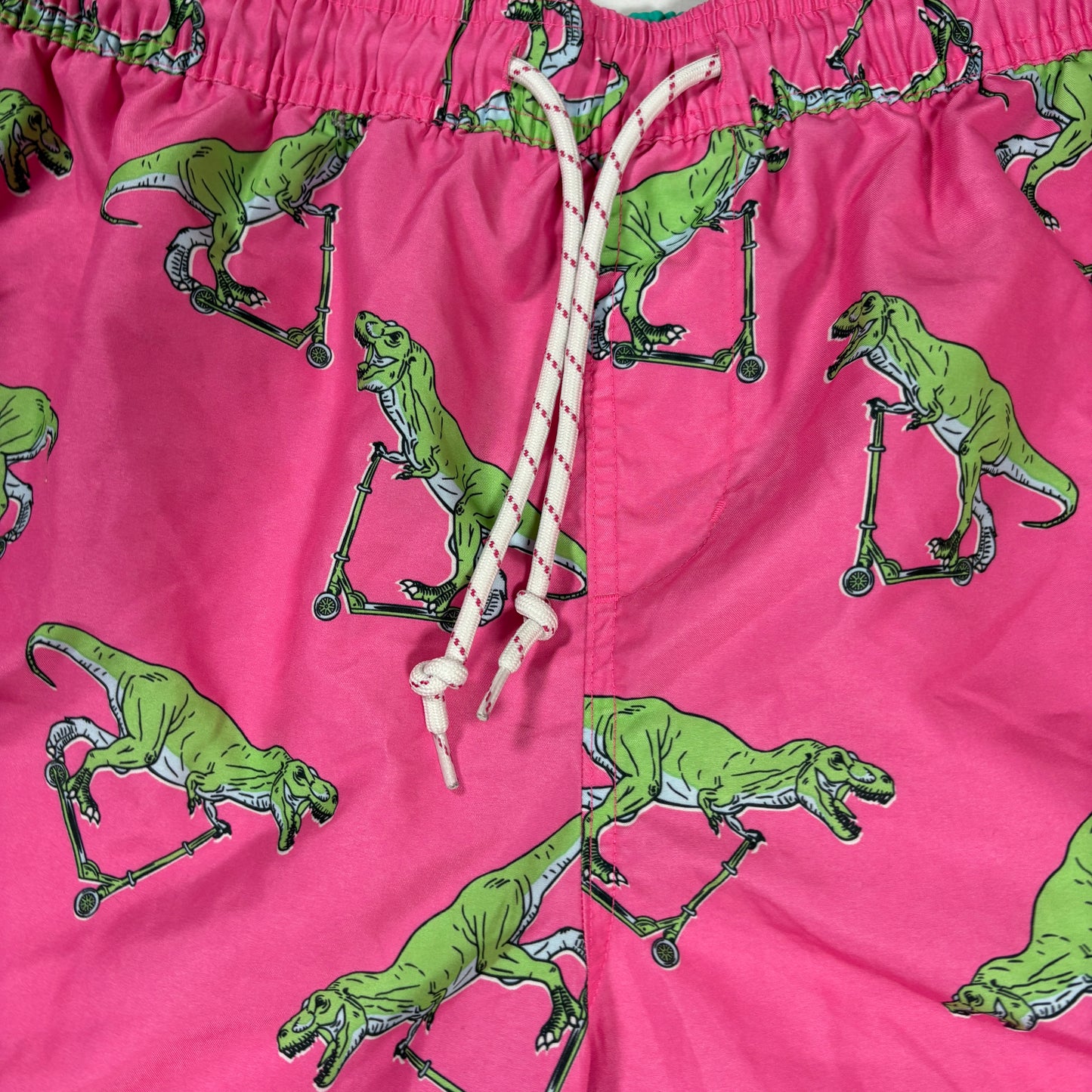 No Boundaries Men’s Swim Trunks L Pink Dinosaur Scooter Print Board Shorts Fun