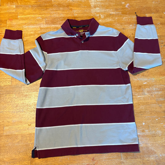 Club Room Polo Shirt Mens Small Burgundy Gray Stripe Long Sleeve Retro Top Rugby