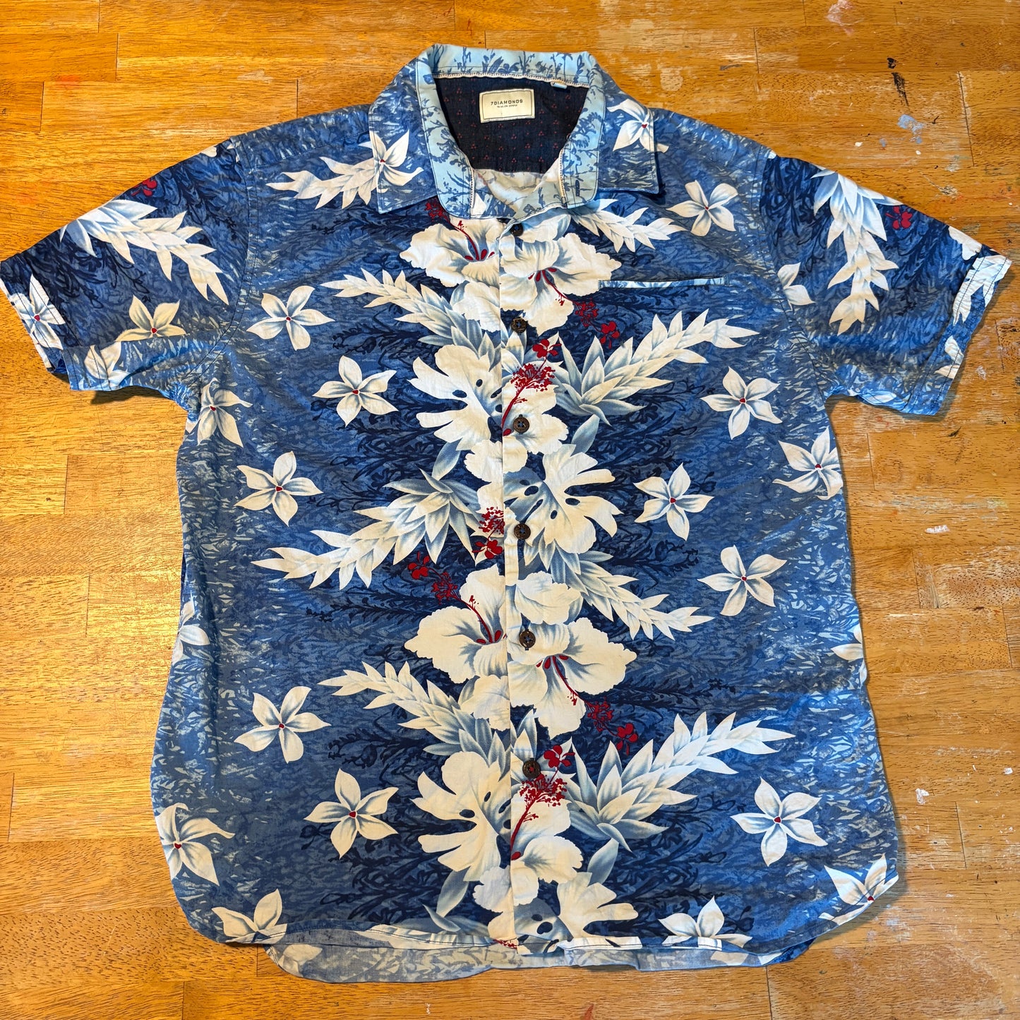 7Diamonds Hawaiian Shirt Mens Large Blue Floral Button Up Summer Resort Wear Men