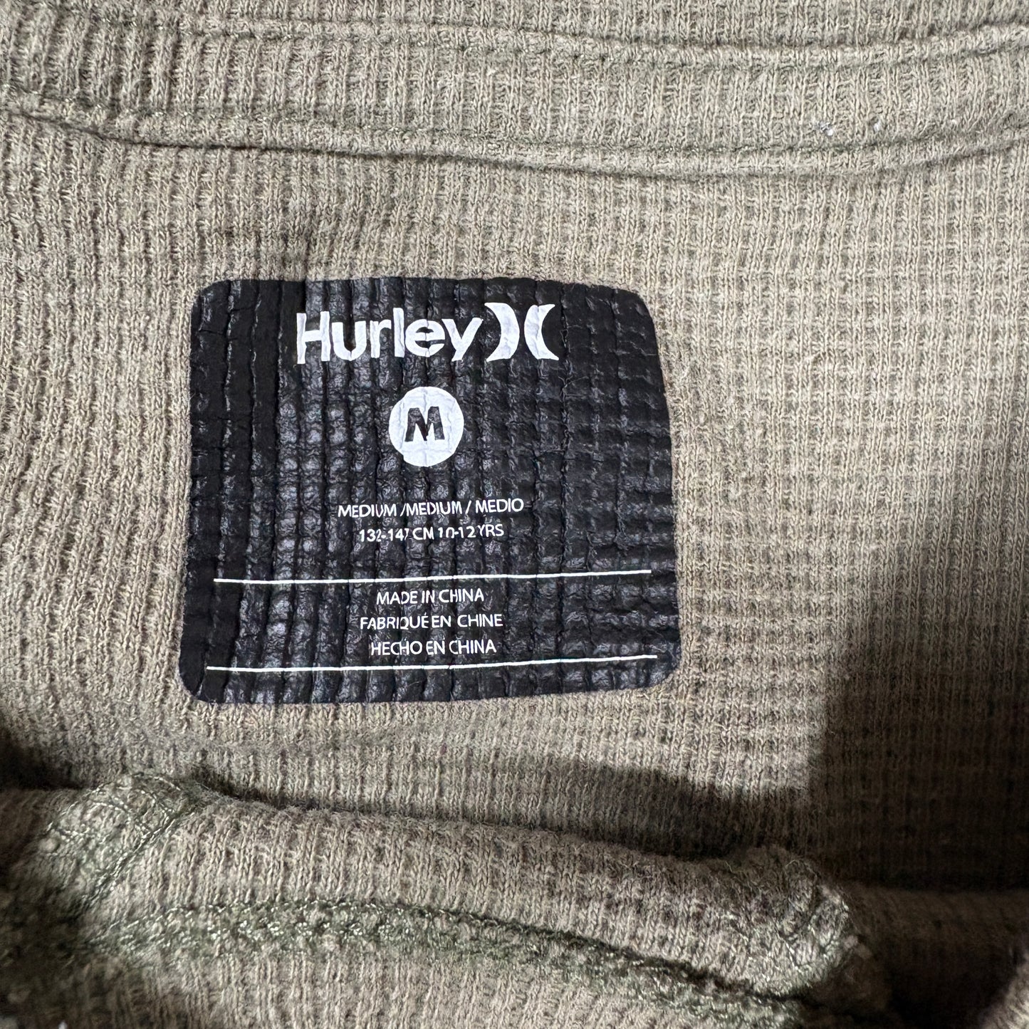 Hurley Youth Boys Shirt M Olive Green Thermal Waffle Long Sleeve Casual Logo Tee