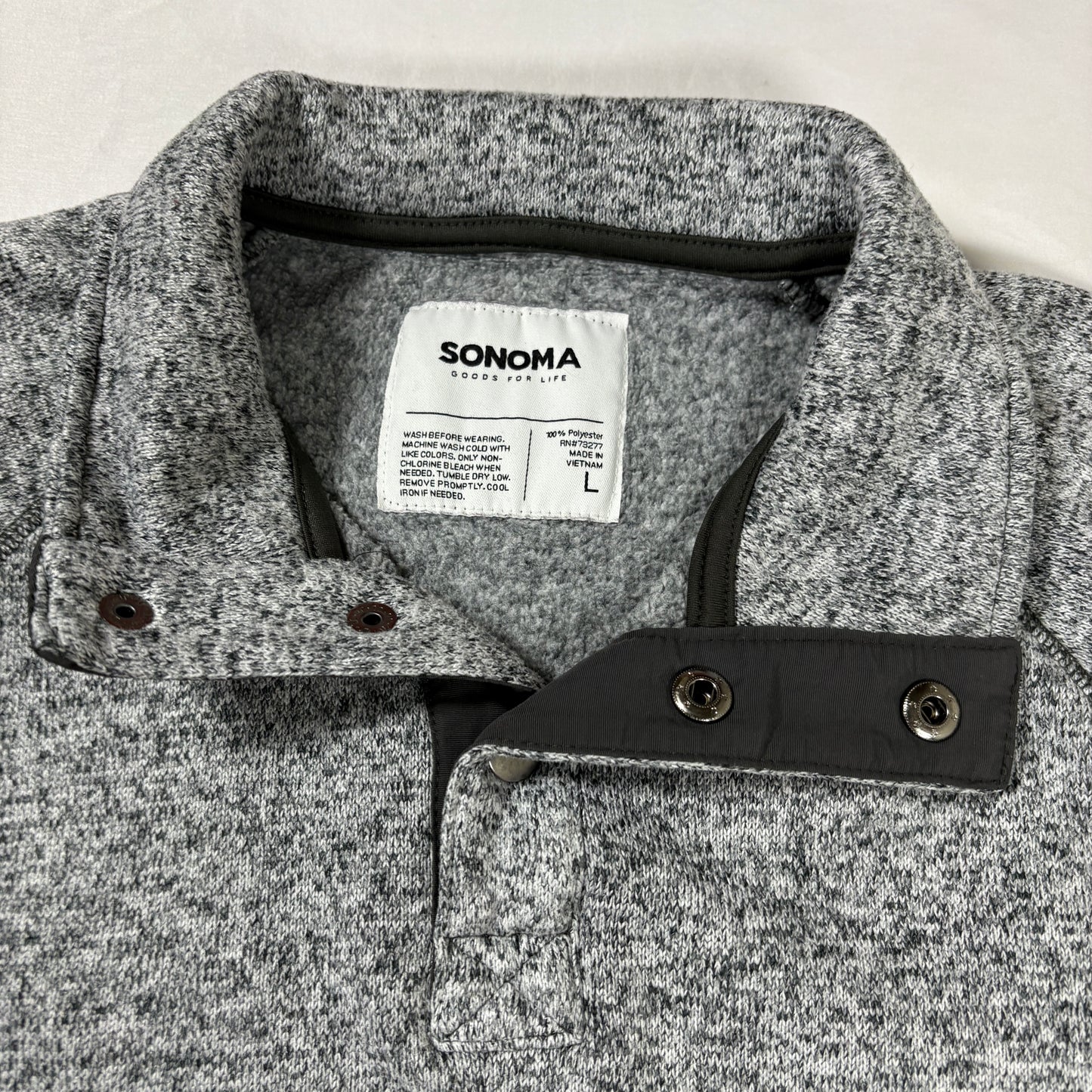 Sonoma Men’s Pullover L Gray Fleece Snap Button Mock Neck Sweater Casual Warm