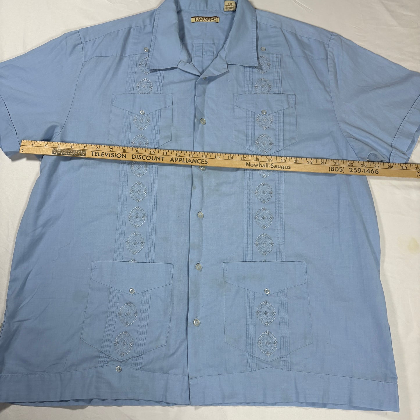 Havanera Co Men’s 2XL Blue Guayabera Embroidered Cuban Shirt Short Sleeve Casual