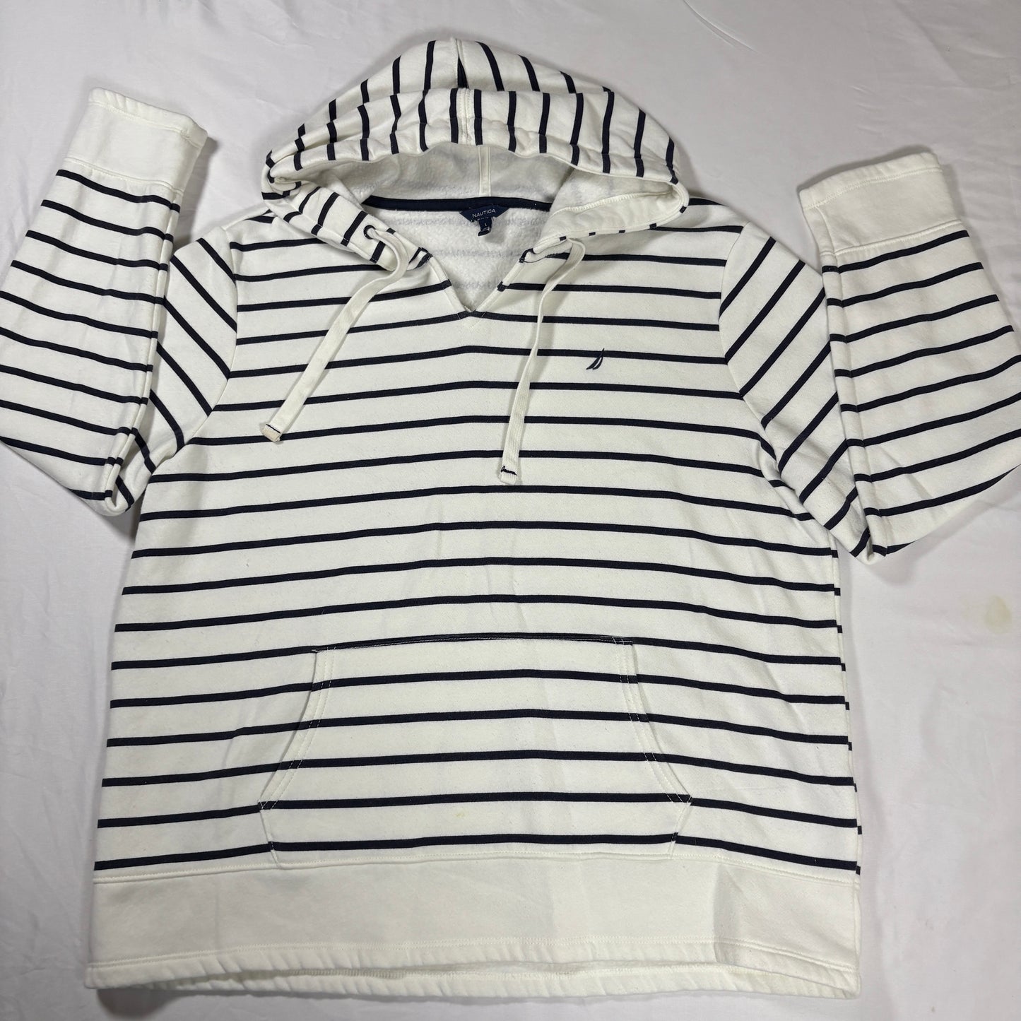 Nautica Men’s Large White Navy Striped Hoodie Pullover Sweatshirt Kangaroo Pocket