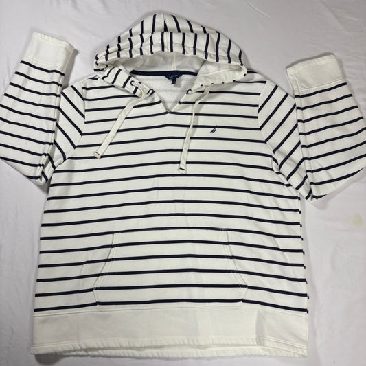 Nautica Men’s Large White Navy Striped Hoodie Pullover Sweatshirt Kangaroo Pocket