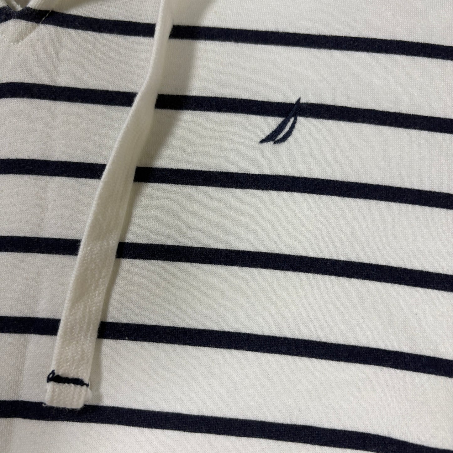 Nautica Men’s Large White Navy Striped Hoodie Pullover Sweatshirt Kangaroo Pocket