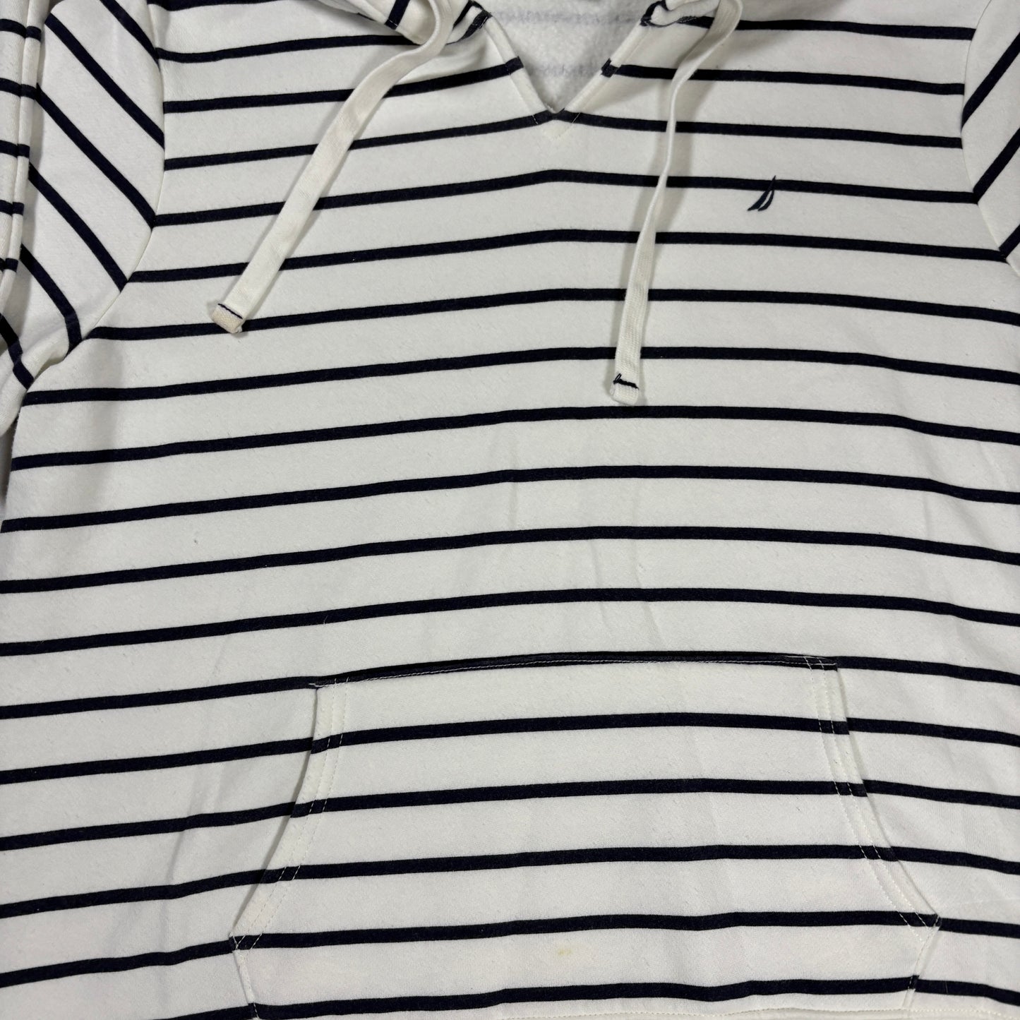 Nautica Men’s Large White Navy Striped Hoodie Pullover Sweatshirt Kangaroo Pocket