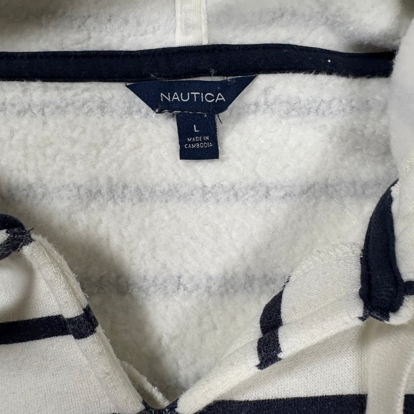 Nautica Men’s Large White Navy Striped Hoodie Pullover Sweatshirt Kangaroo Pocket
