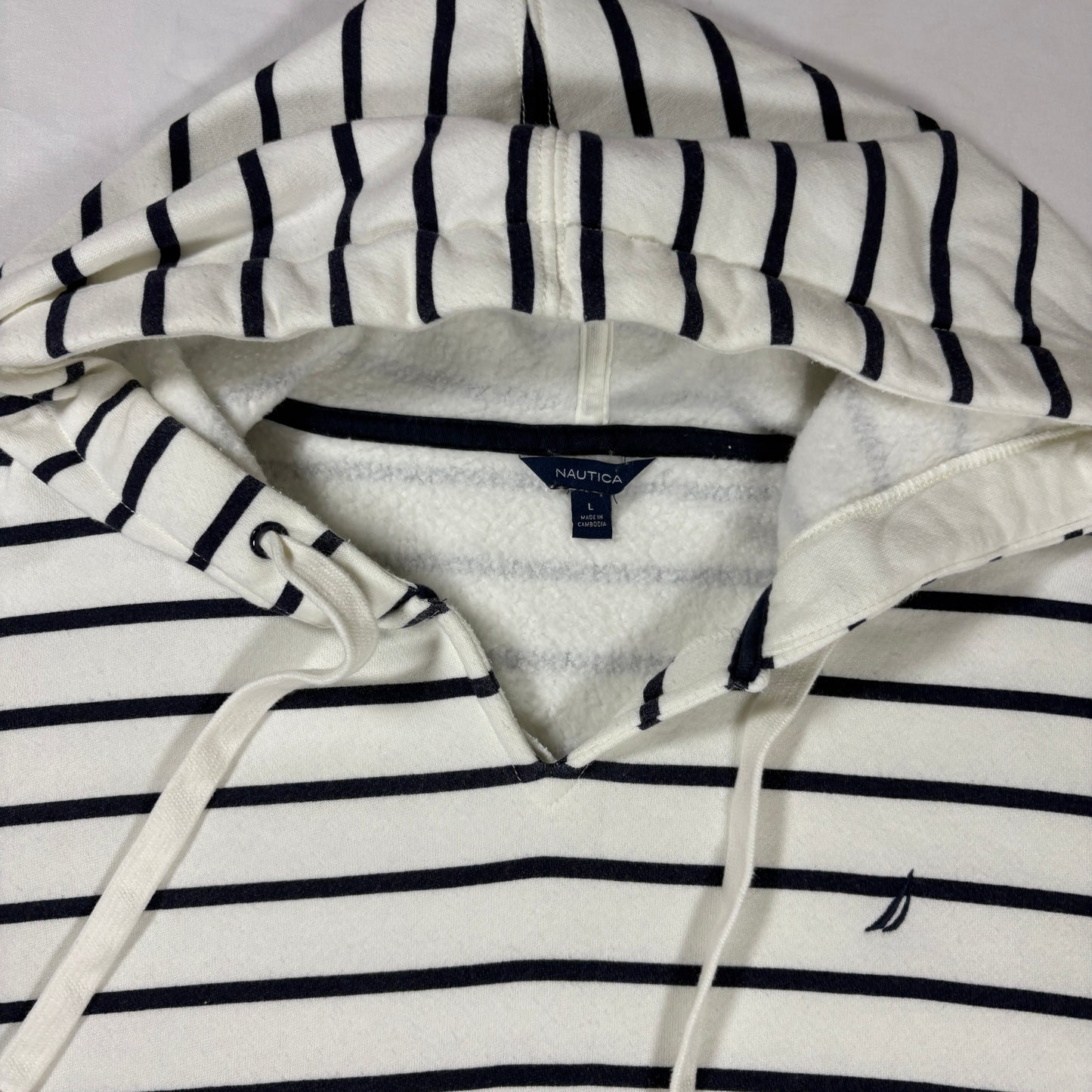 Nautica Men’s Large White Navy Striped Hoodie Pullover Sweatshirt Kangaroo Pocket