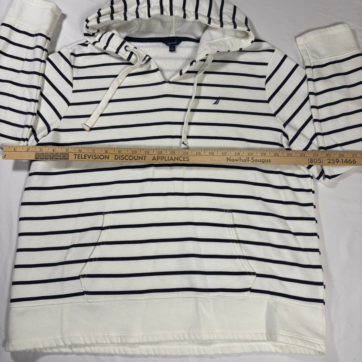 Nautica Men’s Large White Navy Striped Hoodie Pullover Sweatshirt Kangaroo Pocket