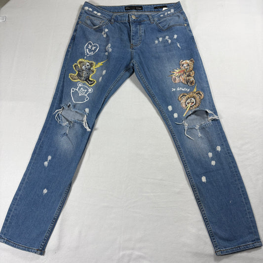 2Y DNM Jeans Mens 34 Skinny Distressed Teddy Bear Graphic Y2K Streetwear 90s Art