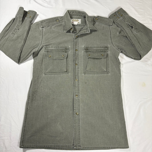 Cabela's Shirt M Green Utility Safari Outdoor Button Up Pockets Epaulets Cotton