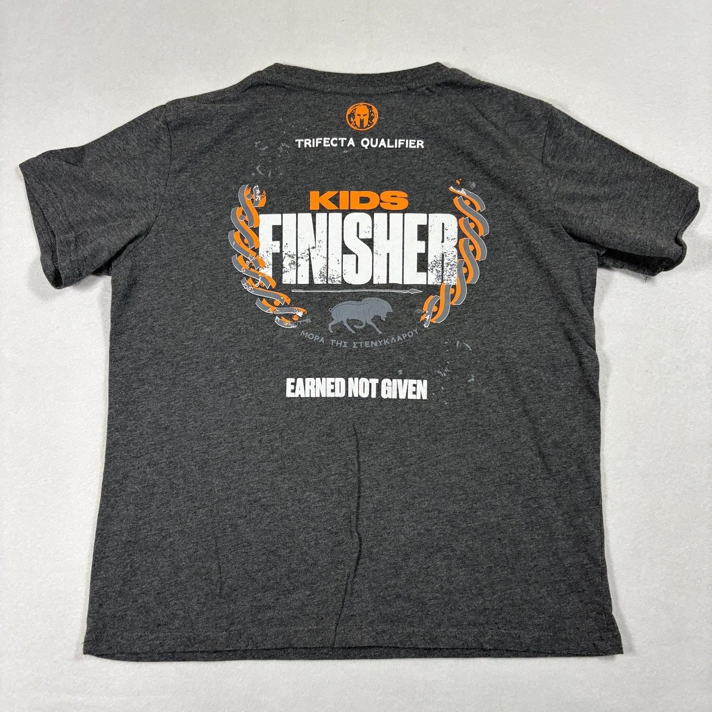 Spartan Kids Youth L Finisher T Shirt Gray Obstacle Race Trifecta Qualifier Tee