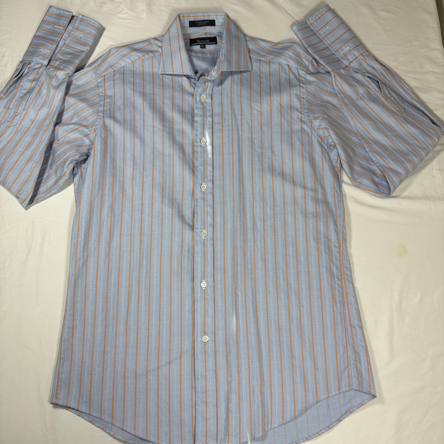 Faconnable Dress Shirt Men L Blue Orange Stripe 100% Cotton Long Sleeve USA