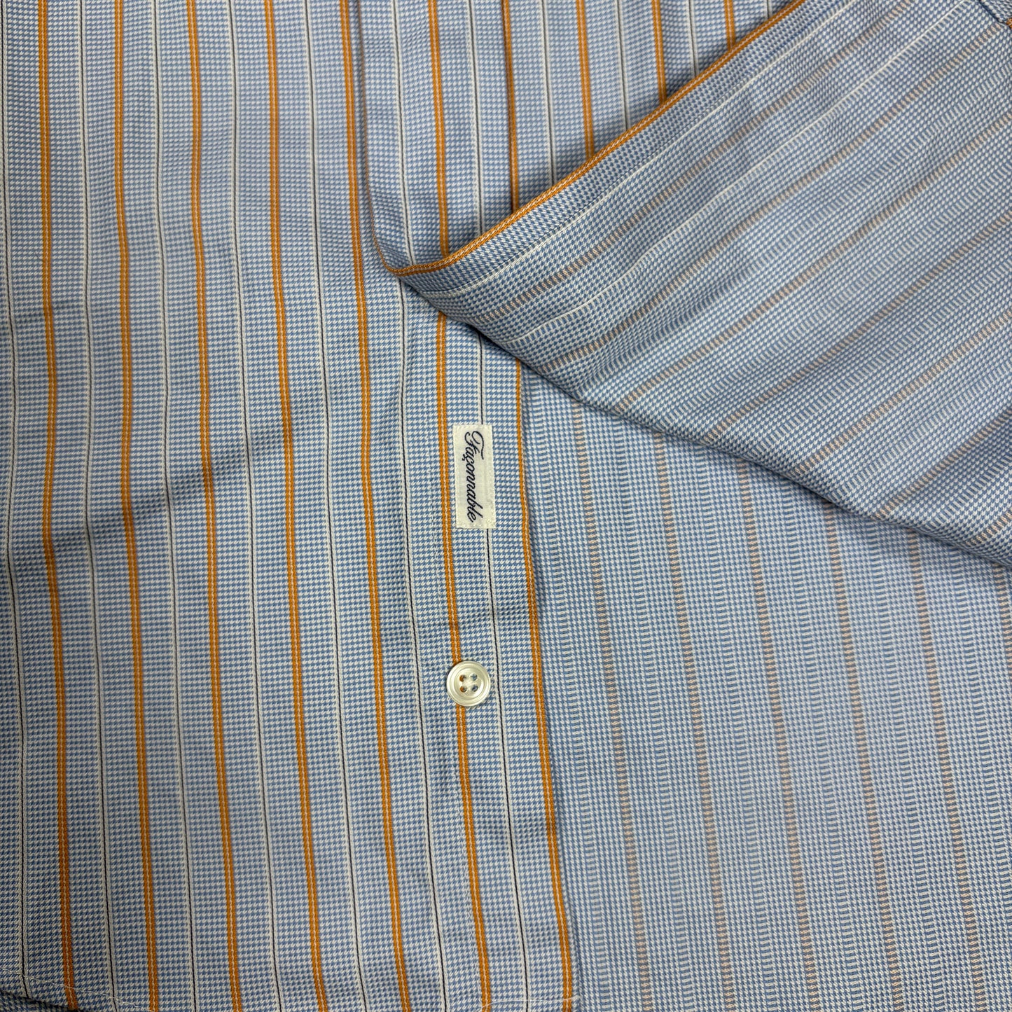 Faconnable Dress Shirt Men L Blue Orange Stripe 100% Cotton Long Sleeve USA