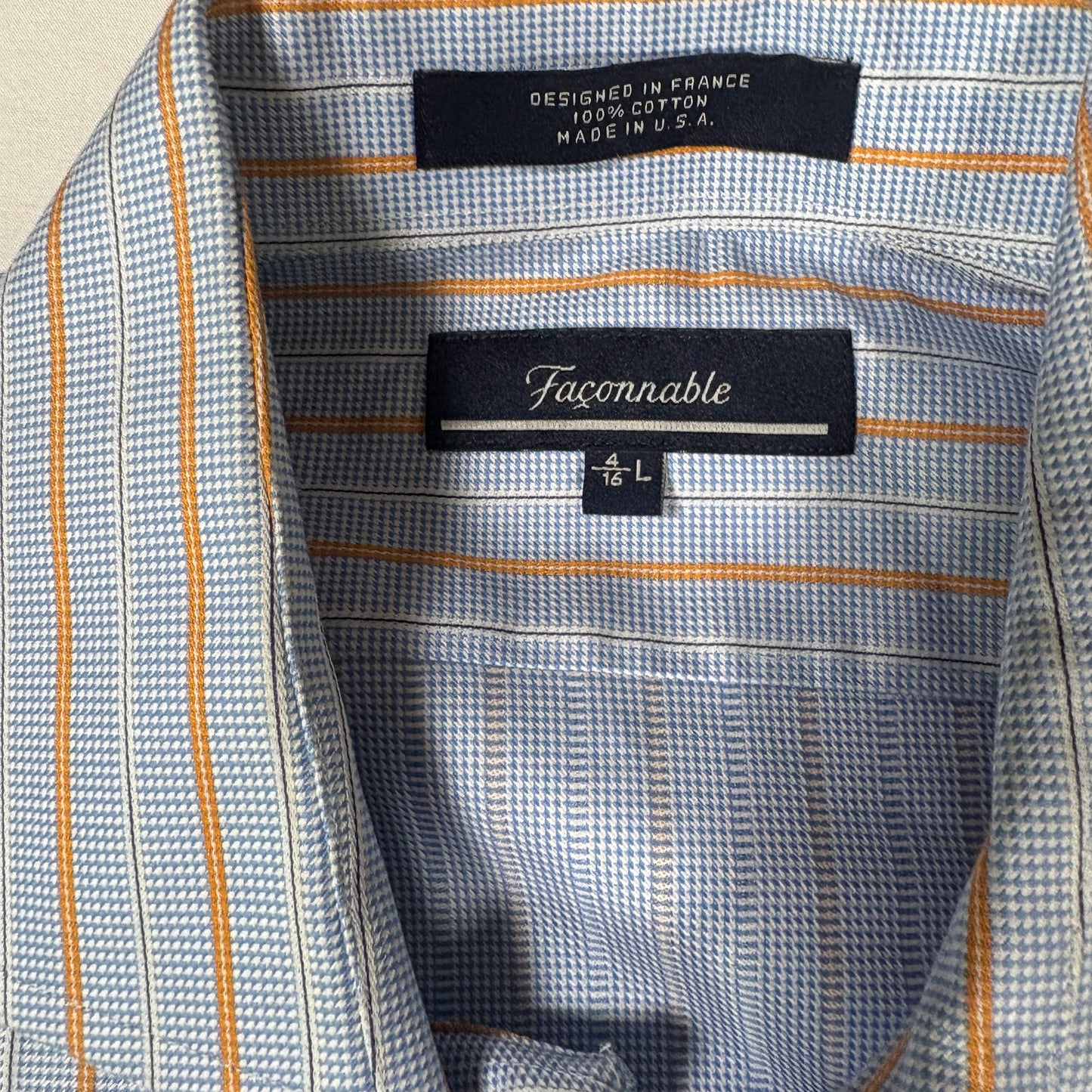 Faconnable Dress Shirt Men L Blue Orange Stripe 100% Cotton Long Sleeve USA